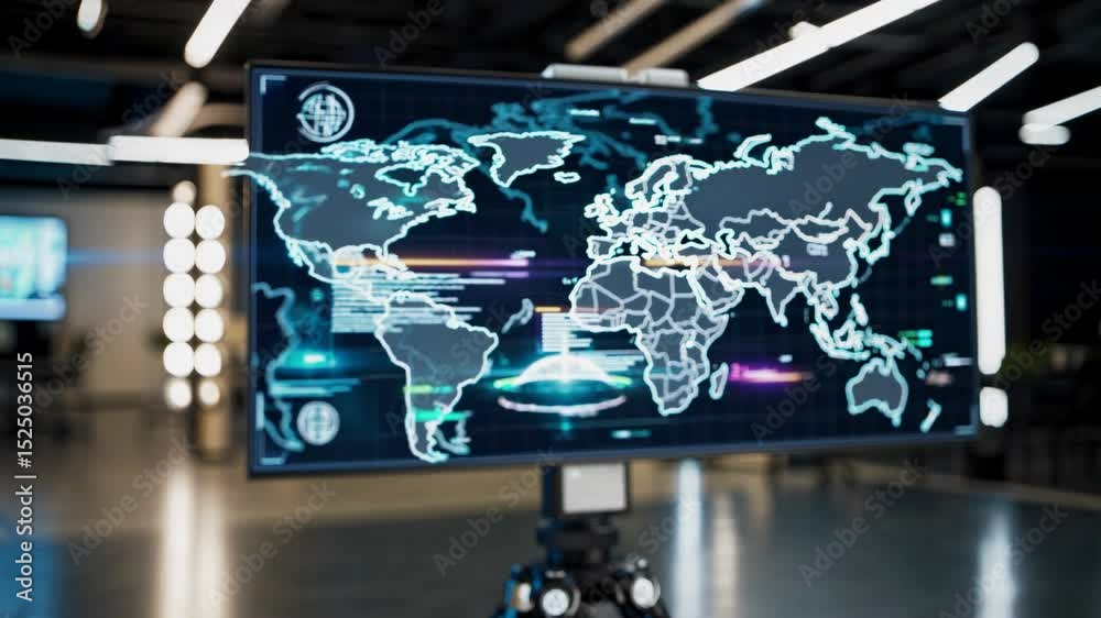 Leinwandbilder Interactive digital map displaying global data and analytics in a modern workspace setting