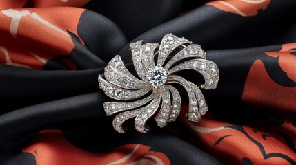 Fototapeta premium An elegant composition featuring a diamond brooch on a classic silk scarf, showcasing the intricate design and luxurious appeal of the jewelry.