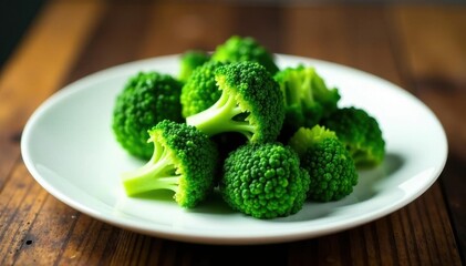 Tender steamed broccoli on pristine white plate; vibrant green hues, diet, healthy, tasty