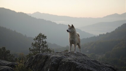 Akita dog on rock misty valley view