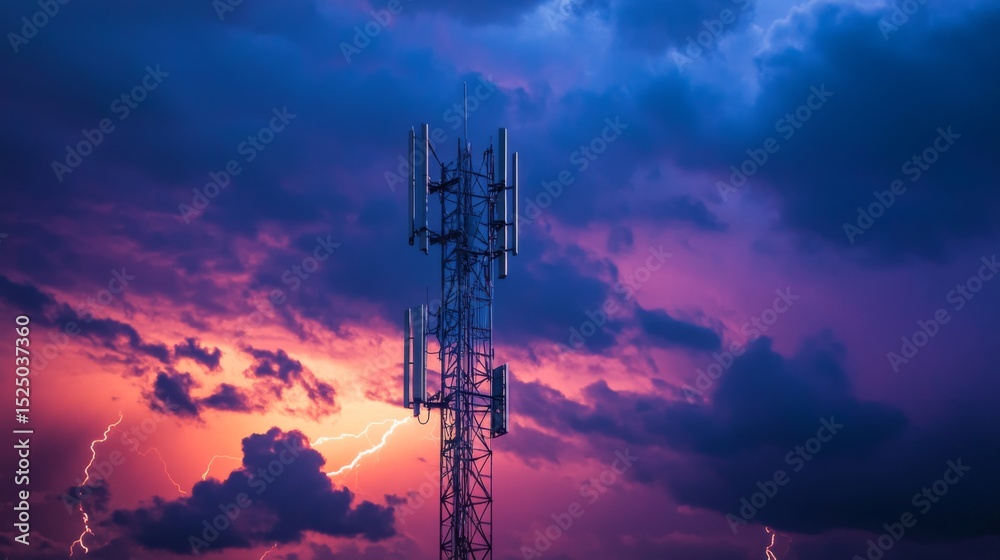 Poster An engaging shot of a cell phone tower in a stormy sky, with dark clouds and lightning in the background, emphasizing the resilience of communication technology.