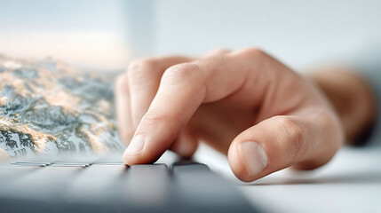 Closeup shot of a hand typing on a keyboard, mountains background. Symbolizes ambition, technology, connection. Ideal for business, travel, innovation themes.