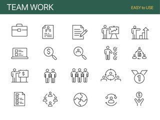 Set of 20 thin line icons related team, teamwork, co-workers, cooperation. Linear busines simple symbol collection. vector illustration. Editable stroke