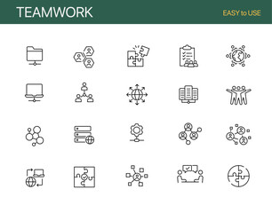 Set of teamwork related line icons. Together, partnership, cooperation etc. Editable stroke