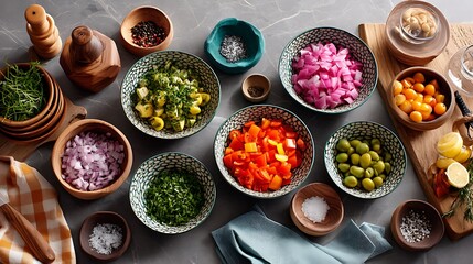A spread of fresh ingredients in various bowls, ready for a vibrant and colorful cooking session, captured in high resolution for maximum detail.