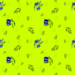 Olive branches, leaves and fruits. Watercolor seamless pattern. Olives on laim background. For fabric, packaging paper, scrapbooking, product packaging design
