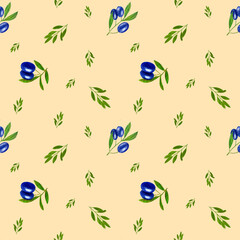 Watercolor seamless pattern of  black olives. Hand painted illustration with olive branches and leaves isolated on bodily background.