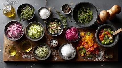 A spread of fresh ingredients in various bowls, ready for a vibrant and colorful cooking session, captured in high resolution for maximum detail.