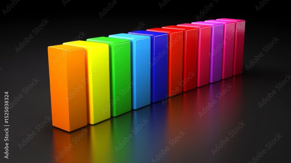 Poster array of rainbow-colored d bars in a row, gradually increasing in height, with smooth shadows and re