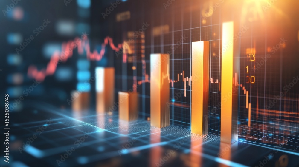 Poster A D bar graph with bright, metallic bars showing financial data in a minimalist setting, with a modern, sleek digital interface in the background.