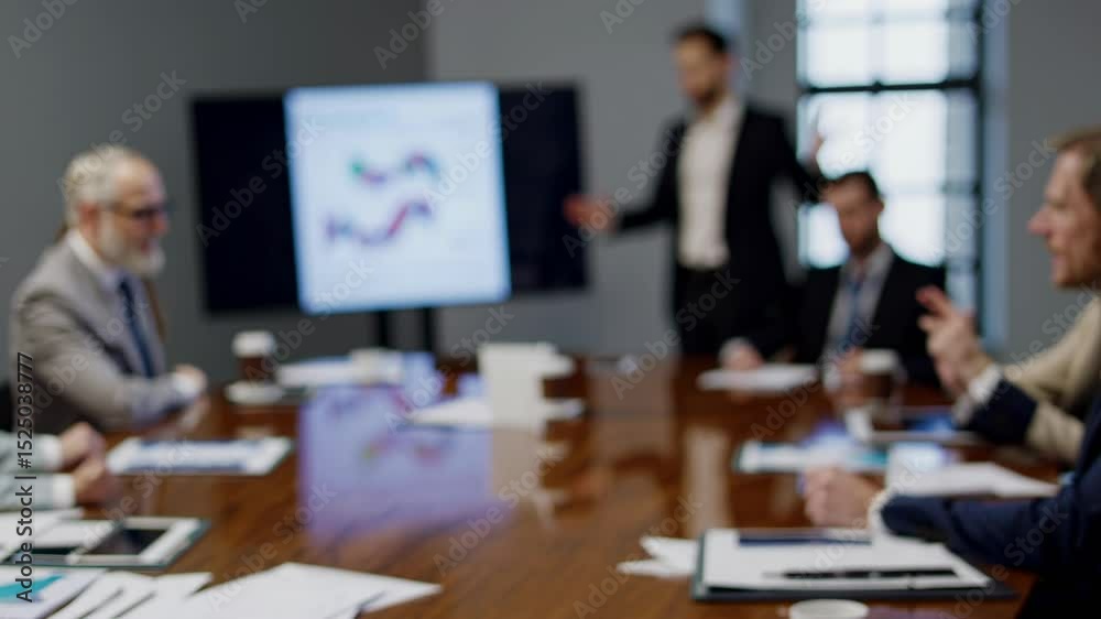 Poster Business meeting discussing strategies and presentations in a modern office setting with diverse participants