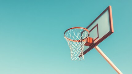 A basketball hoop with a net swaying in the breeze, set against a clear blue sky, capturing the essence of outdoor sports and sunny days.