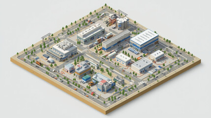 Isometric Layout of Industrial Zone with Roads and Infrastructure