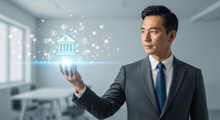 Businessman holding glowing banking network icon. Online access to financial big data with secure system. Financial innovation, fintech, and technology concept for modern business.