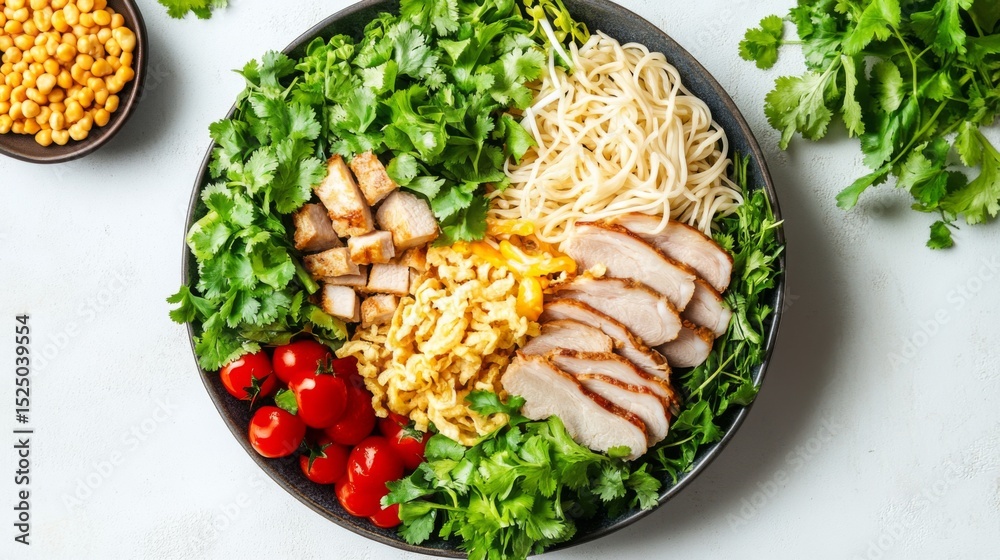 Poster a beautifully arranged plate of instant noodles topped with sliced meats and herbs, creating an invi
