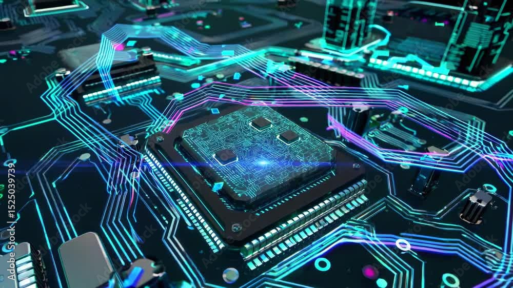 Poster Exploring the intricate details of a futuristic circuit board design with vibrant colors and complex patterns