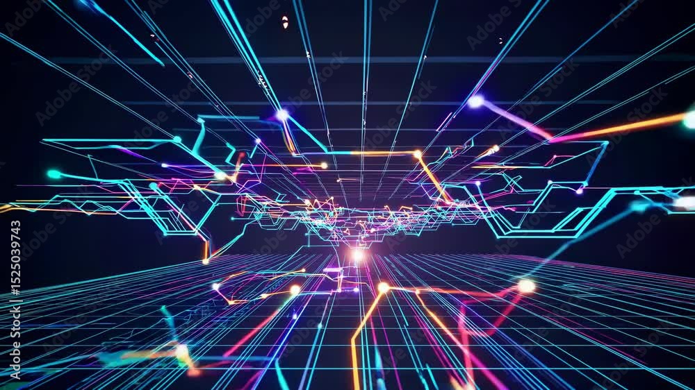 Poster Digital landscape of vibrant connections illuminated by colorful lights and patterns in a futuristic setting