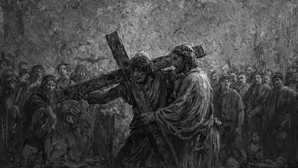 Jesus carrying cross simon helps