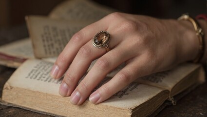 Fototapeta premium Hand with smoky quartz ring on old book