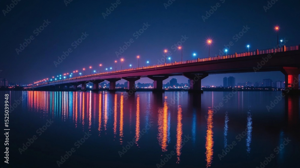 Aufkleber a beautifully illuminated river bridge at night, with colorful lights reflecting on the calm water b