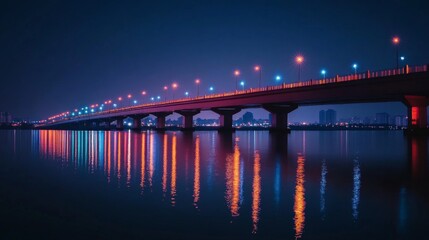 A beautifully illuminated river bridge at night, with colorful lights reflecting on the calm water below, creating a serene and captivating scene
