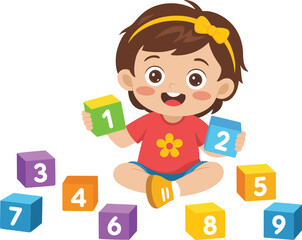Cute baby girl playing with colorful number blocks, early learning activity, fun education at home, toddler development, cartoon illustration.