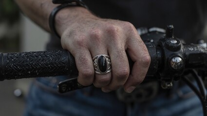 Weathered hand on bike with silver obsidian ring