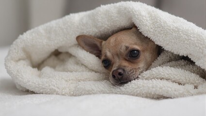 Snug chihuahua under fleece blankets