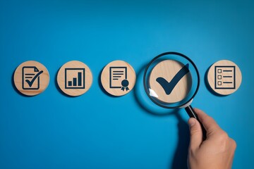 Quality Control and Certification Assurance Concept – Magnifying Glass Highlighting Checkmark, Compliance, and Business Approval Icons Representing Quality Standards and Verification