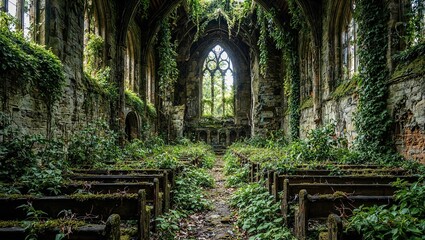 Overgrown ruined gothic church