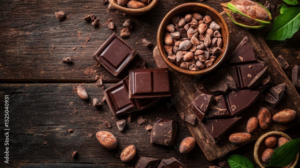 Poster a beautiful overhead shot of chocolate bars and cocoa beans scattered on a rustic table, evoking the