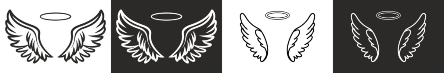 Set of black and white svg vector angel wings, valentine's day icon