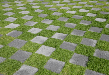 Checkered pattern of green grass and cement tiled floor