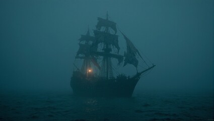 Fototapeta premium Ghostly shipwreck in a dark foggy sea