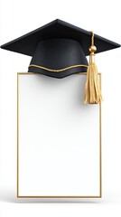 3D graduation cap isolated on white background Graduation Cap with Blank Frame for Celebratory Announcement or Invitation