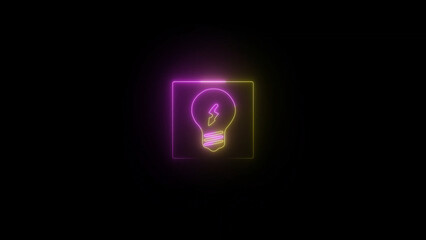 Neon Lightbulb Icon with Lightning Bolt on Black Background Idea Concept Innovation and Creativity neon