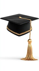 3D graduation cap Elegant Black Graduation Cap with Golden Tassel Isolated on White Background