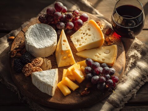 Assorted cheese selection with grapes and red wine on a rustic wooden table for gourmet dining and wine pai