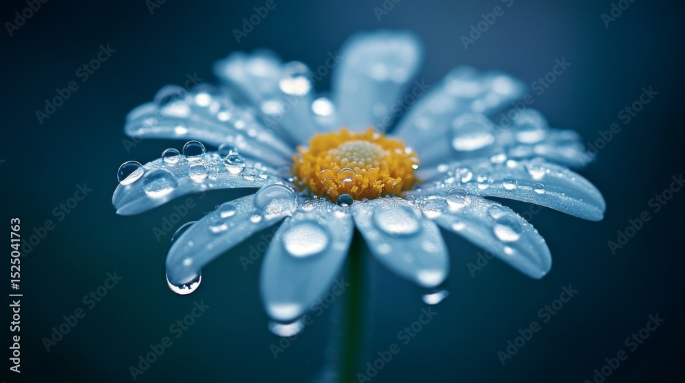 Poster a captivating close-up of a delicate daisy with water droplets, showcasing the intricate details of 