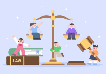 Children playing around by climbing on the law book, holding the judge's baton, and climbing on the scales.
