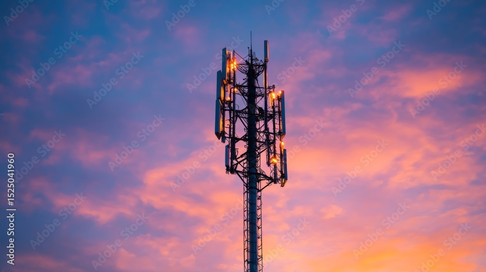 Poster a captivating image of a cell phone tower at dusk, illuminated by soft lights, creating a beautiful 