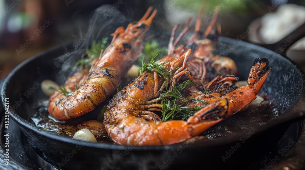 Poster a captivating image of grilled shrimp sizzling in a cast-iron skillet, with fresh garlic and herbs, 