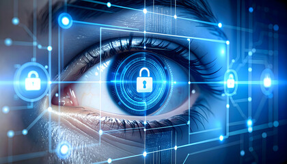 Eye with digital security elements and technology background