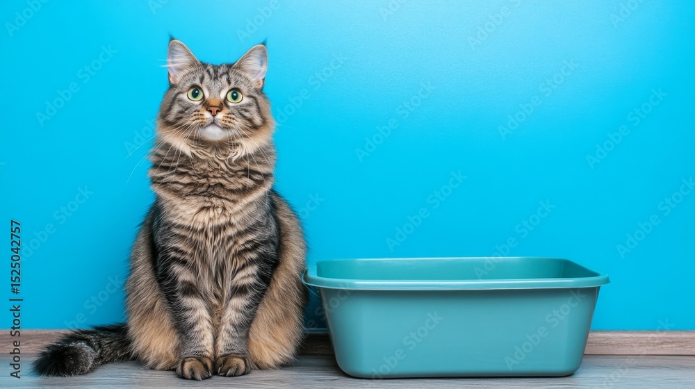 Poster A charming image of a cat sitting beside a litter box, with a slightly confused expression, showcasing the curiosity and antics of felines during playtime.