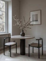 A gallery wall featuring black-and-white framed photographs in a clean grid layout, set against a matte gray background, sophisticated and chic.
