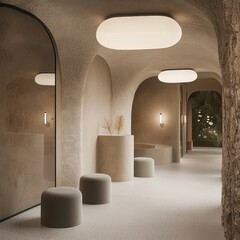 A seamless flush-mounted ceiling light with a soft diffused glow, illuminating a small minimalist hallway, neutral tones, ultra-simplicity.