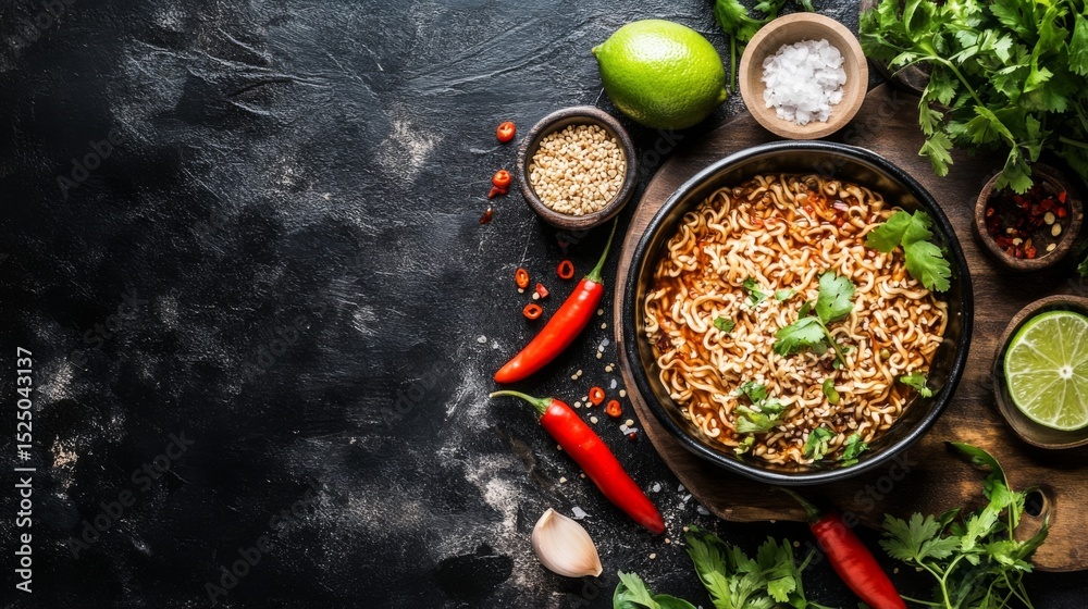 Poster a charming setup with instant noodles in a bowl, surrounded by fresh ingredients like chili peppers,