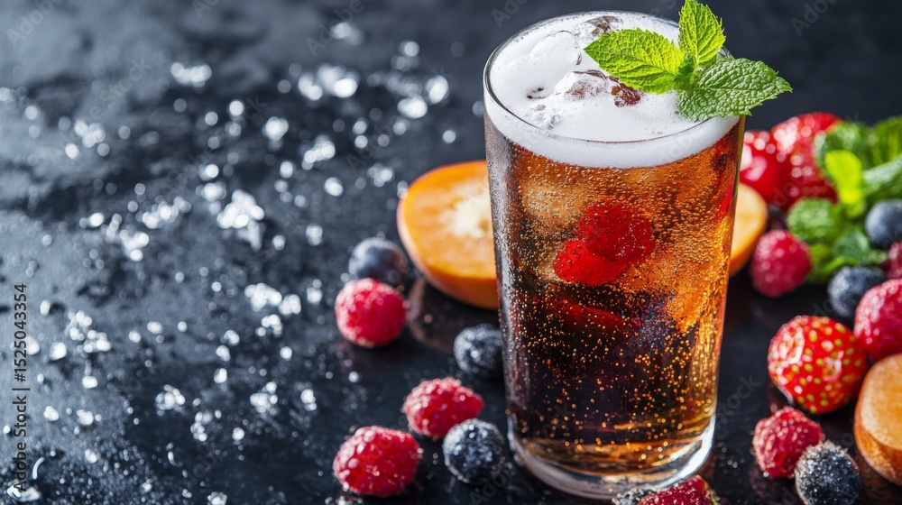 Poster a chilled glass of soda with a perfect head of foam, surrounded by fresh fruit slices, creating a re