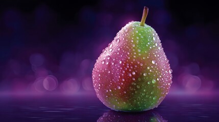 Ripe Pear Covered in Glistening Water Droplets Against a Colorful Background