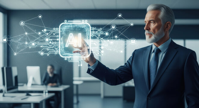 Senior executive interacts with futuristic AI brain hologram. Artificial Intelligence driving global business innovation, smart data analysis, and digital network transformation. Future tech.
